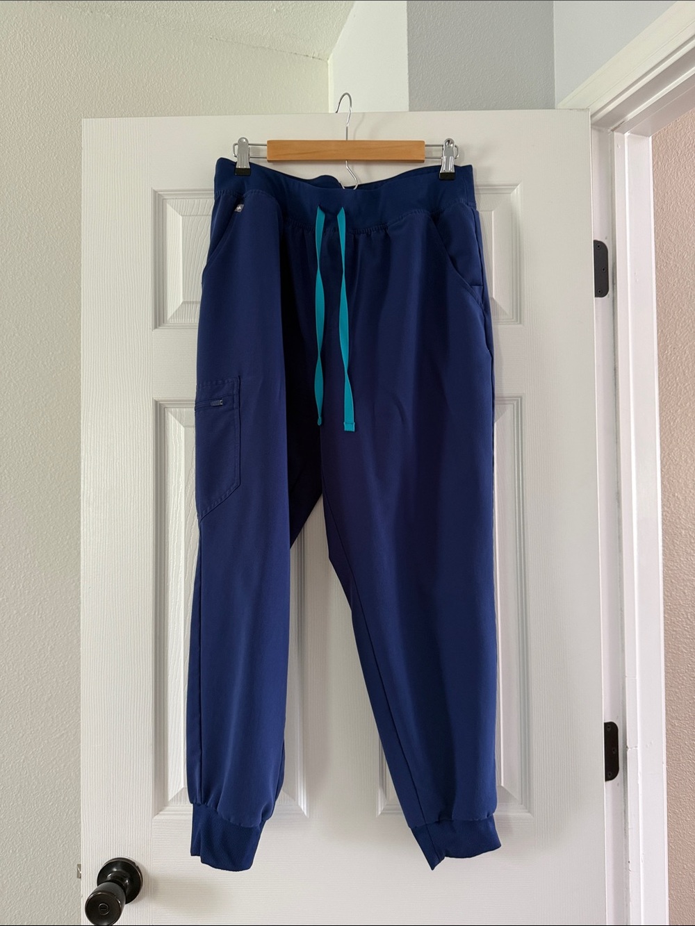 Figs Navy Ankle Jogger Pants with Teal Drawstring